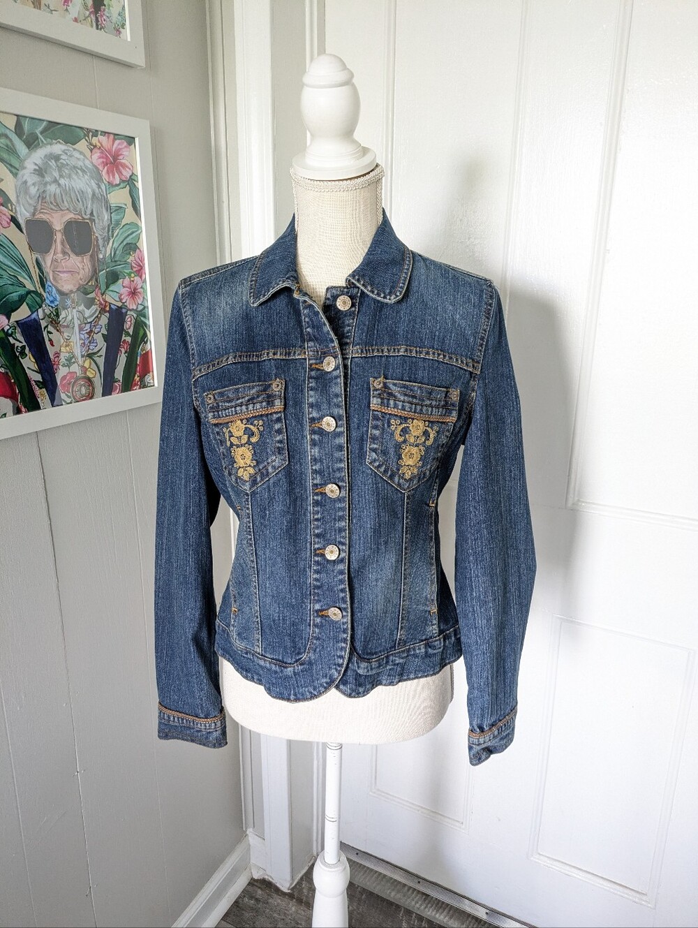 Kikit Jeans Denim Jacket Tan Floral Embroidery Size S Western Boho Jean Jacket